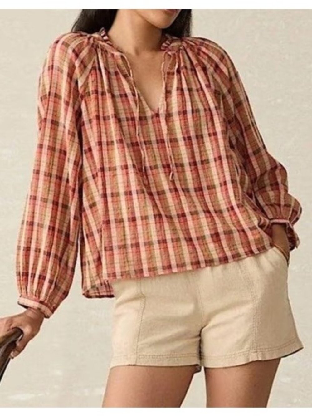 Faherty Annalise Cotton Sunset Gingham Long Ballon Sleeve Peasant Blouse X-Large